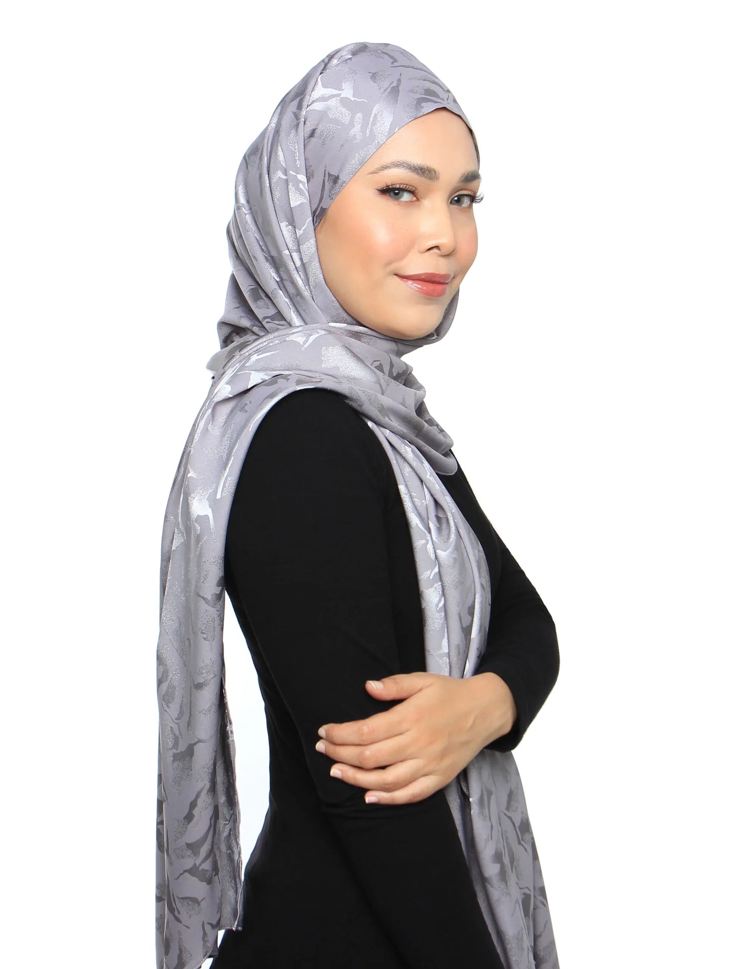 Lux Turban Burn Out Floral Satin Shawl - Silver